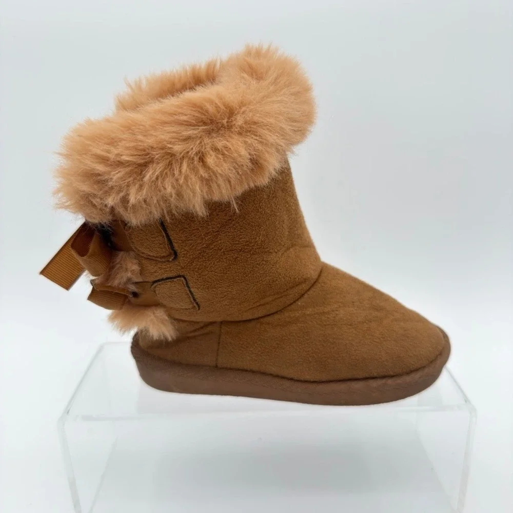 Faux Fur Winter Boots Size 8 Brown Suede Look Ribbon Tie Mid Calf